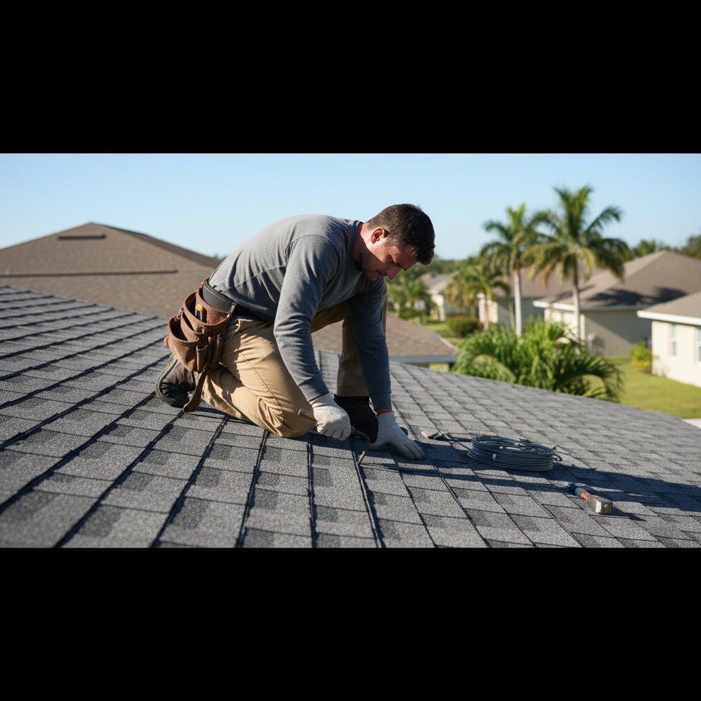 Roofer inspecting shingles on residential roof in Lighthouse Point Florida