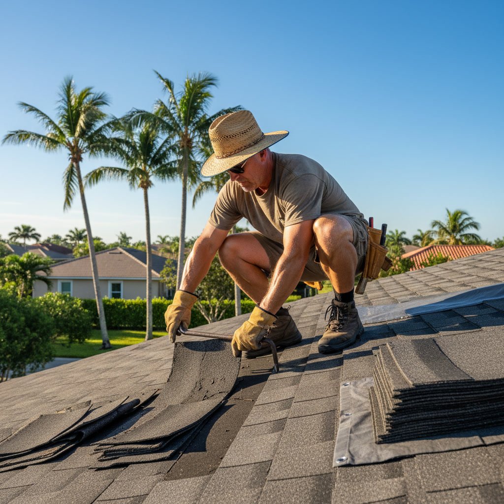 Roofer installing shingles on residential home in Margate FL