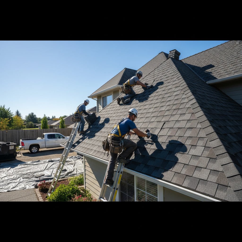 Roofers installing shingles on residential home roof in Tamarac
